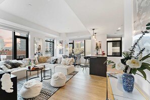 TV, fireplace, books, offices