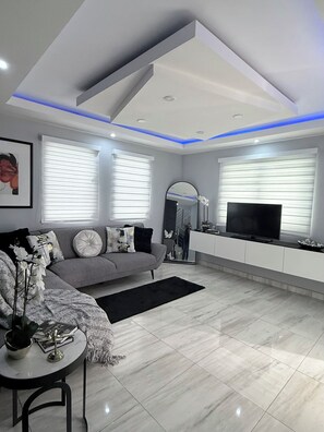 A modern living room with a grey sofa, a flat-screen TV, and a large window with blinds.
