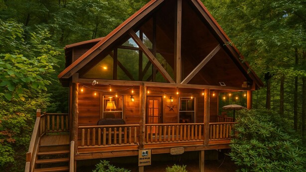 A wooden cabin with a balcony, string lights, and a staircase leading up to the entrance. - Seclusion! I Privacy I Fire Pit I Game Room I Arcades I Pet Friendly I Hot Tub (Sevierville)