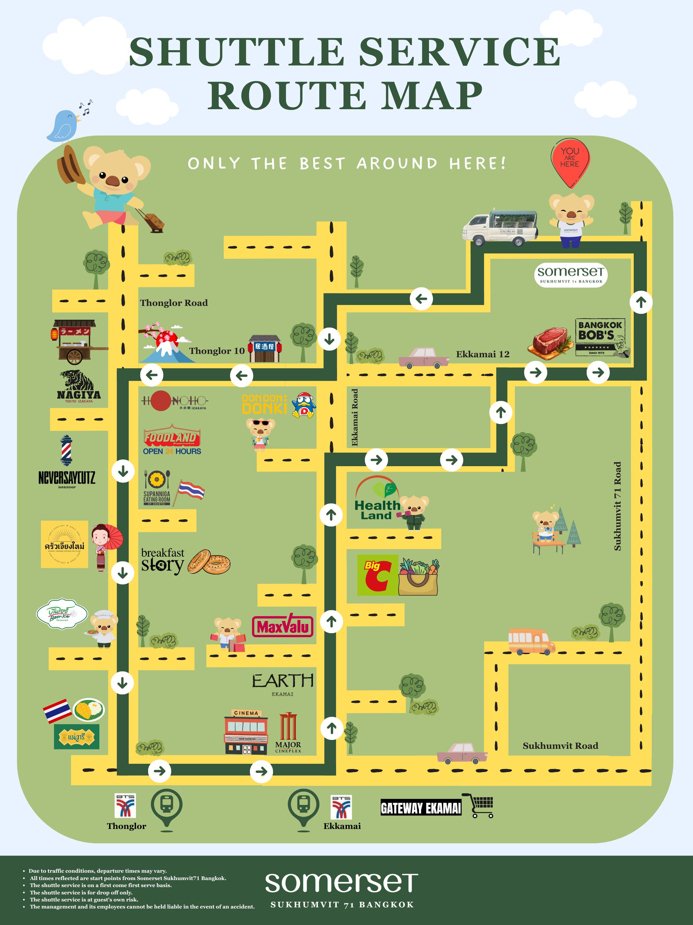A shuttle service route map with various stops including Somerset, Bangkok Bob's, and Health Land.