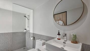 Ein modernes Badezimmer mit einer Duschkabine, einer Toilette, einem Waschbecken mit Spiegel und Pflegeprodukten.