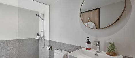 A modern bathroom with a glass-enclosed shower, a toilet, a sink with a mirror, and toiletries.
