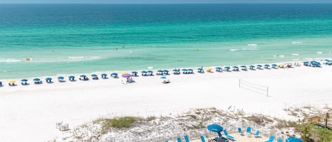 A beach resort with a swimming pool, sun loungers, and umbrellas.
