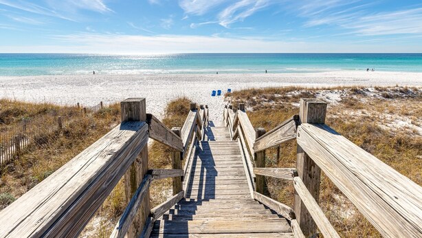 A wooden boardwalk leading to a beach with clear skies. - Grand Caribbean East 101 2 Bedroom Condo (Destin)