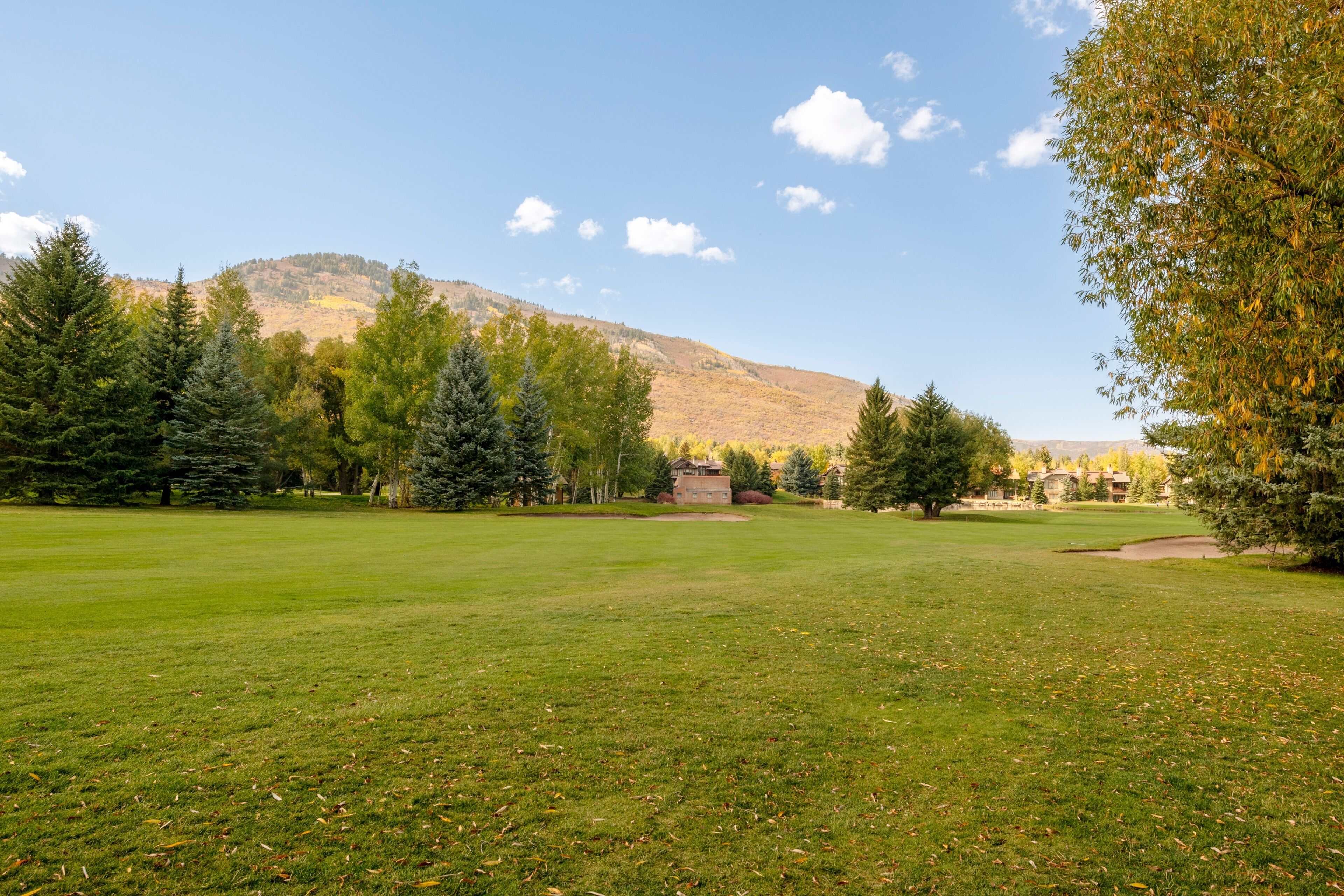 Un parcours de golf offrant une vue dégagée sur une montagne en arrière-plan, entouré d’arbres et de quelques bâtiments.