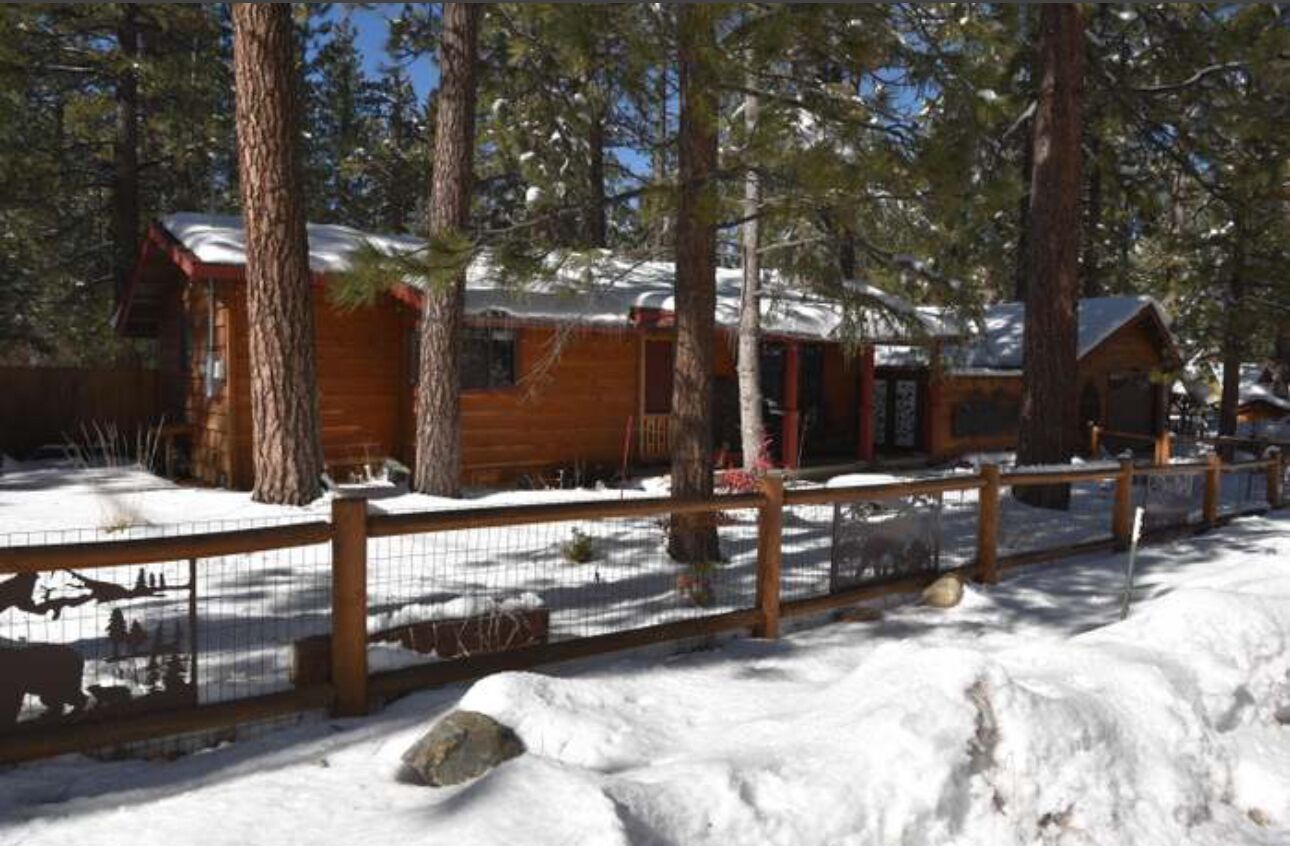 Una cabaña de madera con un patio cercado, rodeada de suelo y árboles cubiertos de nieve.