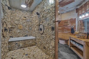 Hair dryer, towels, soap, shampoo