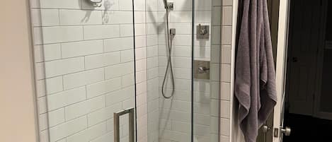 Hair dryer, towels, soap, toilet paper