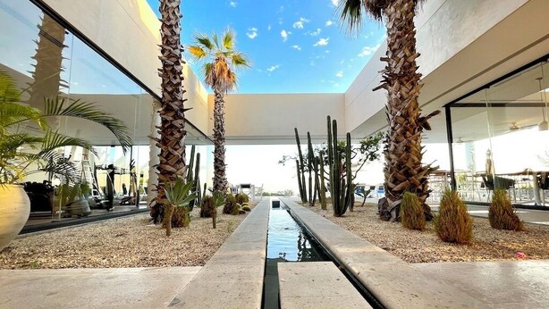 A modern building with a central water feature, surrounded by palm trees and cacti. - Exclusive Solaria Arch View Penthouse with Jacuzzi (Cabo San Lucas)