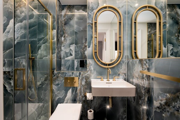 Shower, hair dryer, towels