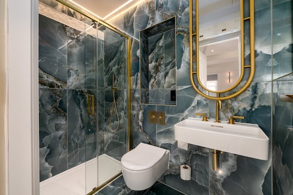 Shower, hair dryer, towels