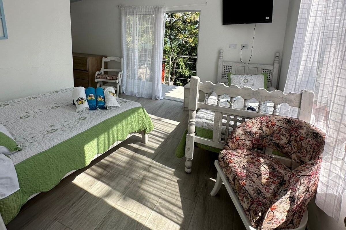 Une chambre avec deux lits, un ventilateur de plafond, une télévision et une fenêtre avec des rideaux.