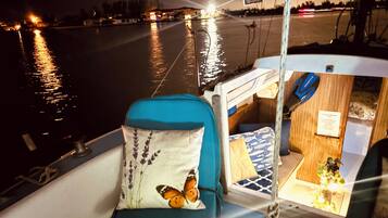 L'intérieur d'un bateau, avec un siège rembourré bleu, un coussin orné d'un motif de papillon et un petit espace de cabine en bois agrémenté d'une plante.