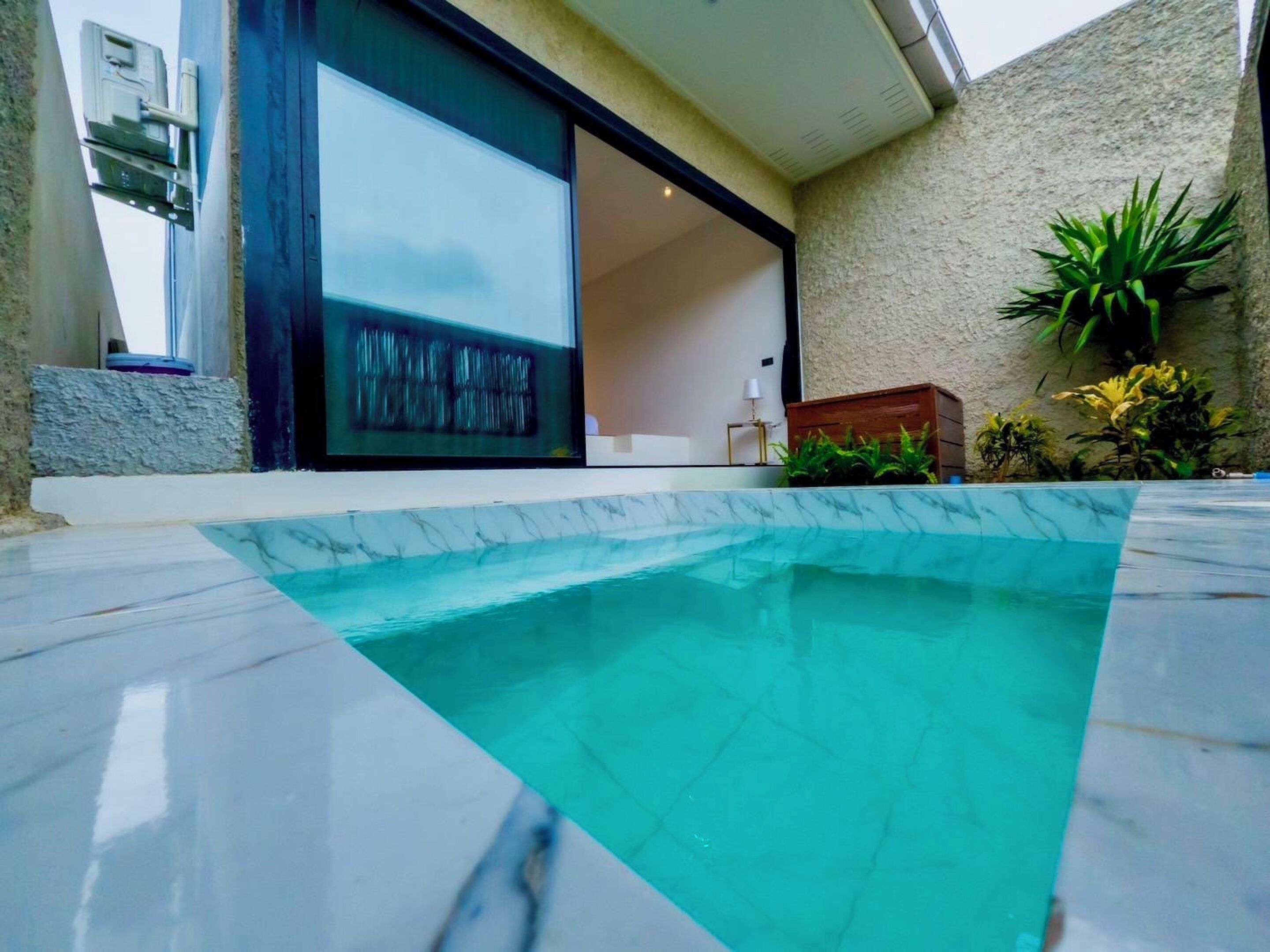 A swimming pool with a marble floor, a modern building with a large glass door, and some greenery.