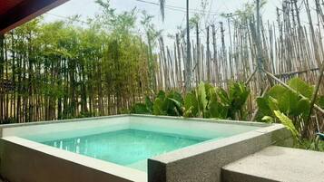 A rectangular swimming pool with a stone border, surrounded by lush greenery and bamboo.