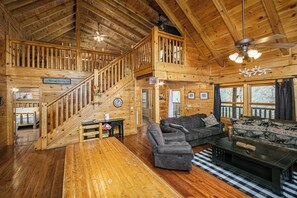 Smart TV, fireplace, foosball