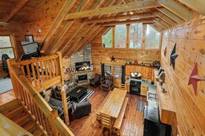 Smart TV, fireplace, foosball