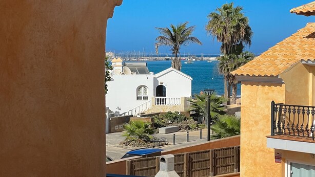 A coastal view with a white building, palm trees, and a marina in the background.