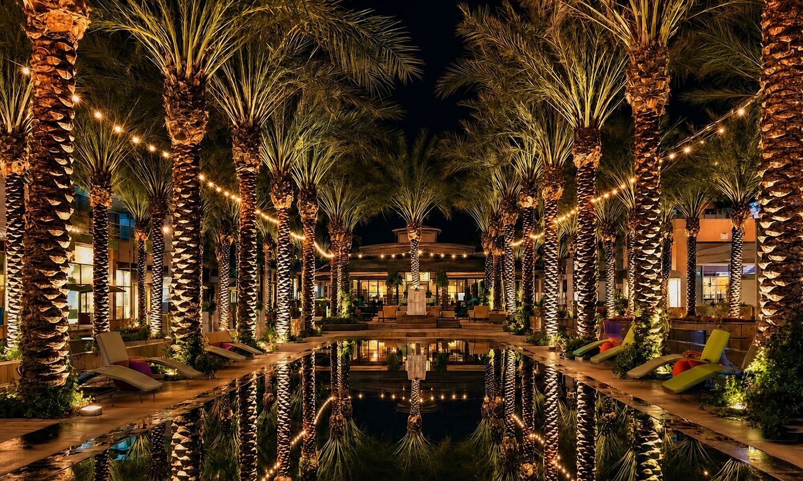 A poolside area with palm trees and lounge chairs, reflecting a building in the background.