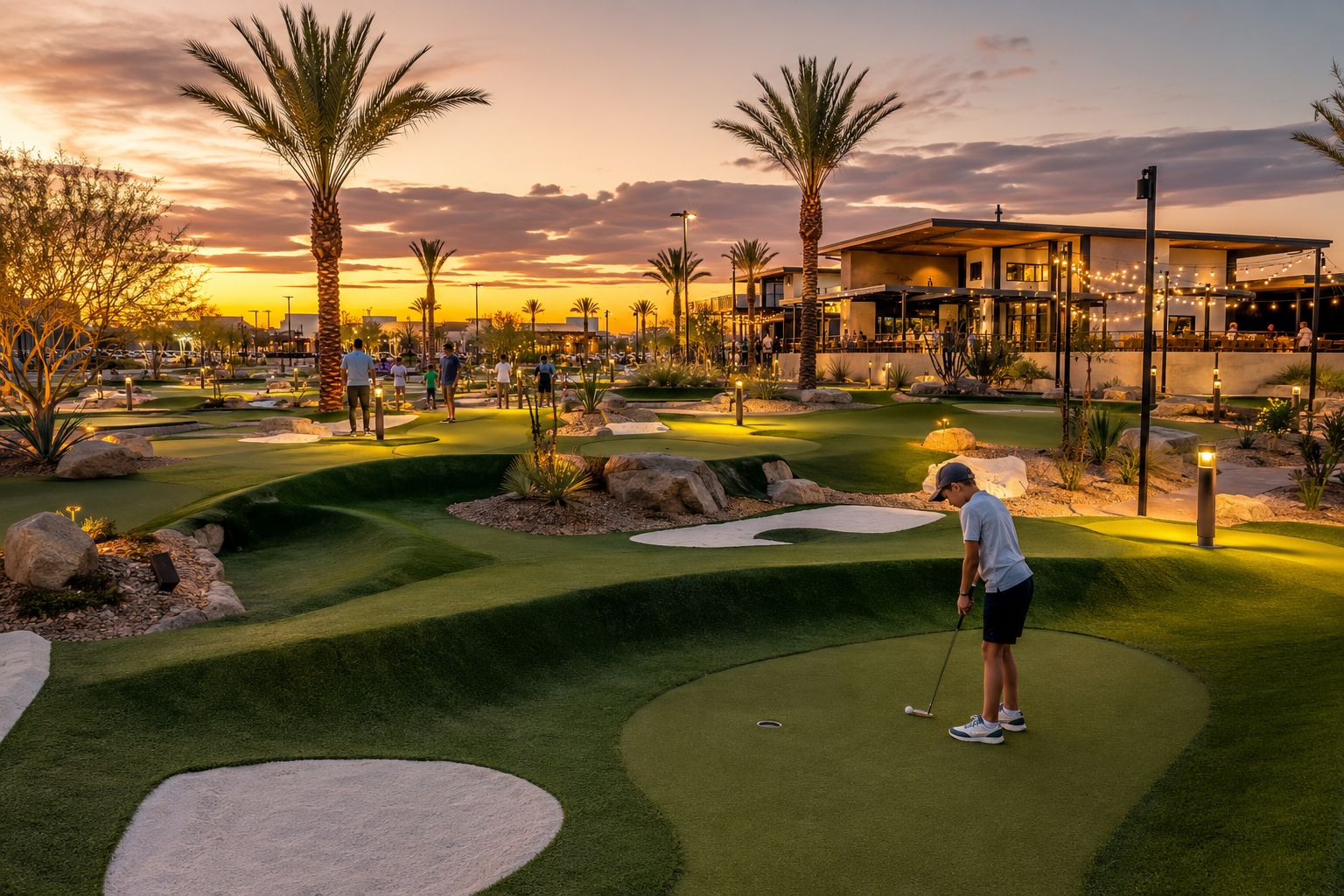 A golf course at dusk with a well-lit clubhouse in the background.