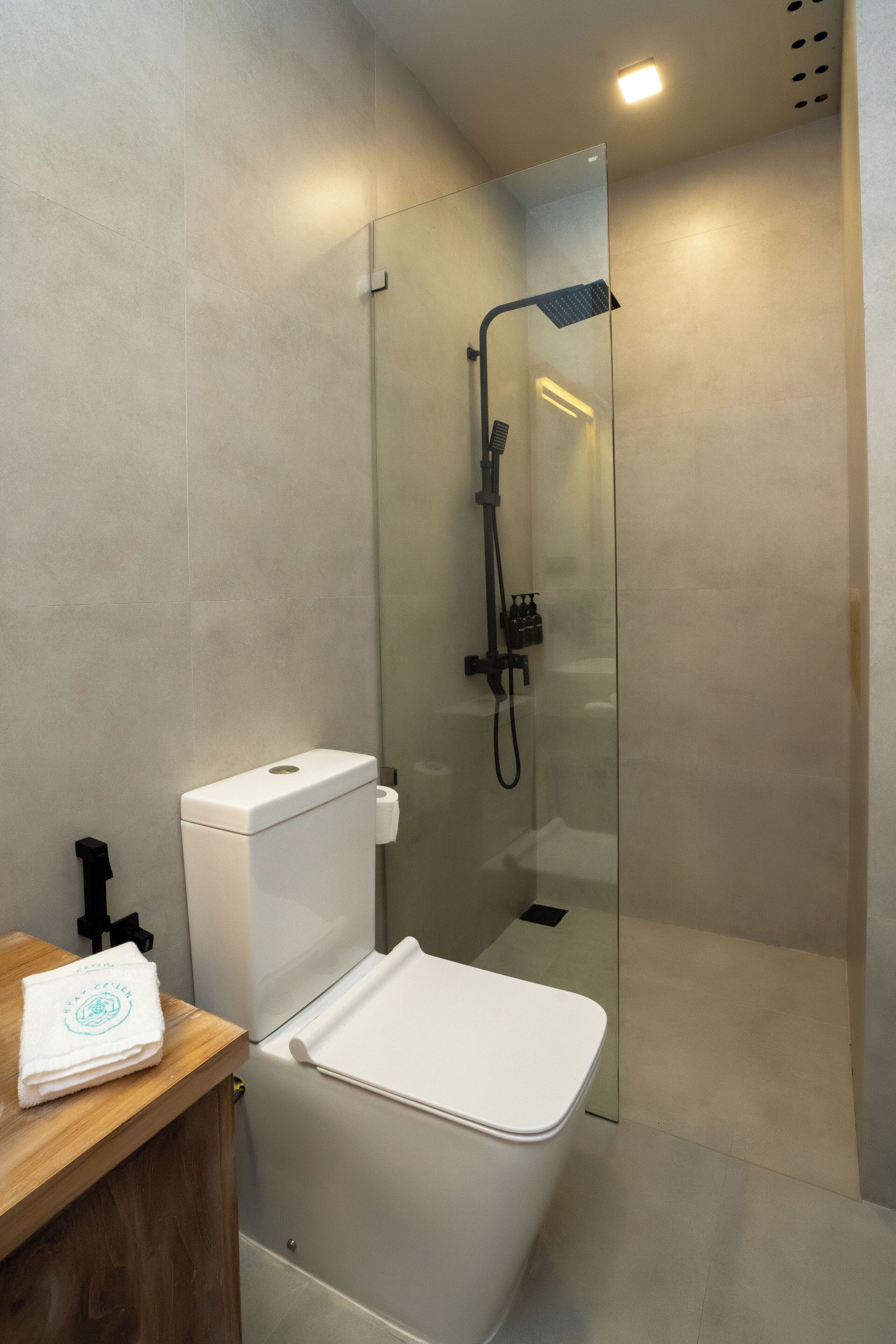 A modern bathroom with a glass-enclosed shower, a toilet, and a wooden vanity with a towel.