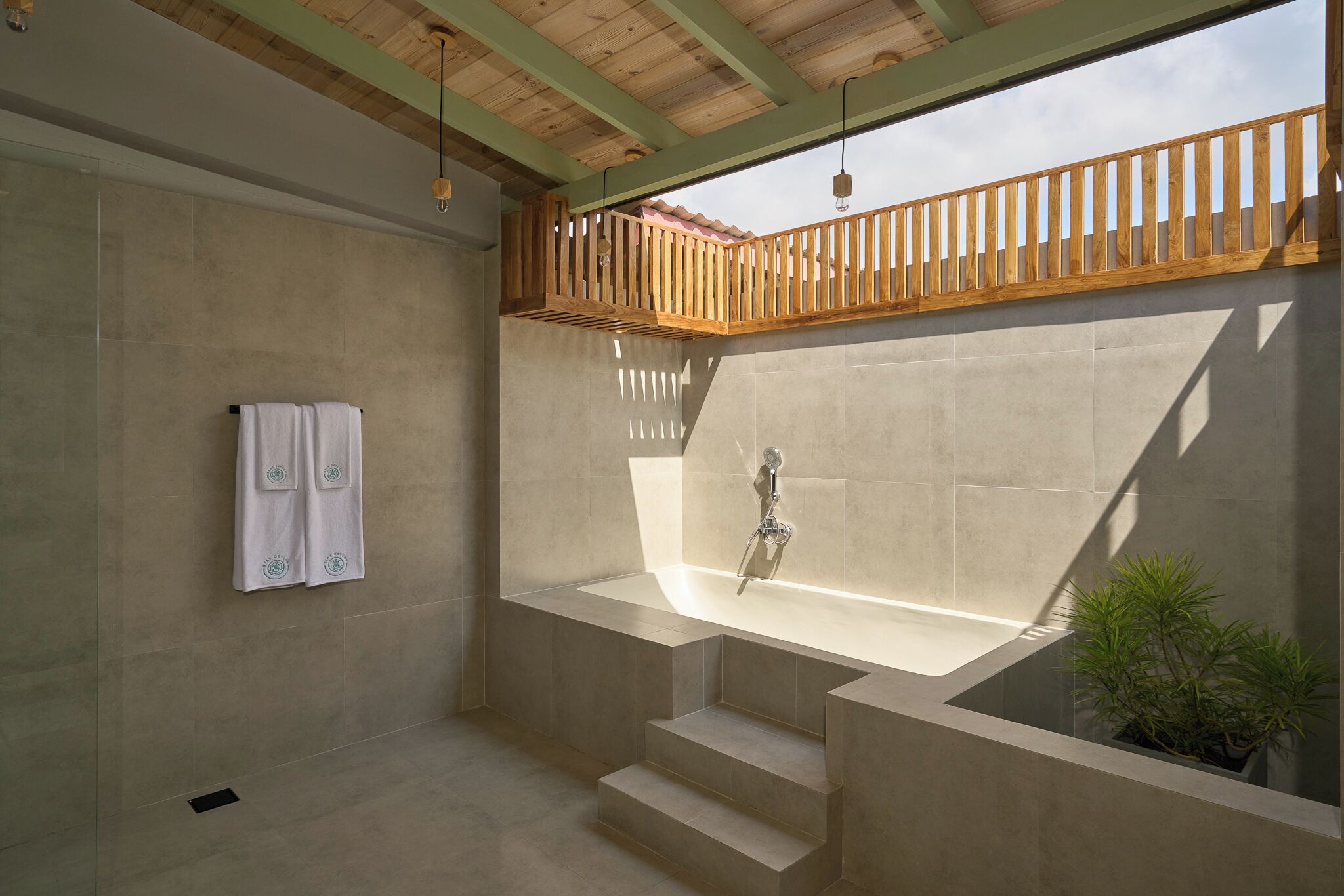 A modern bathroom with a large bathtub, a wooden balcony, and a potted plant.
