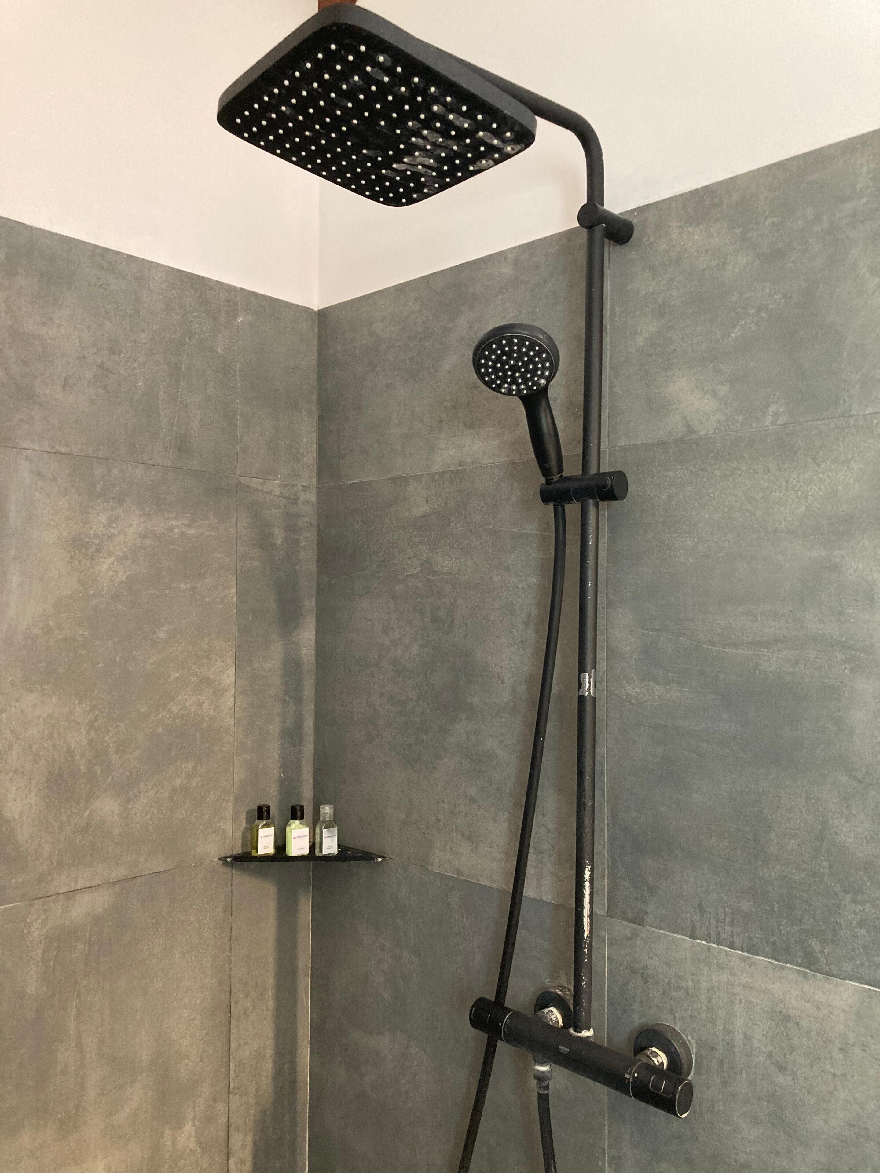 A shower with a roundhead design, a handheld showerhead, and a wall-mounted panel.