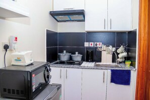 Kühlschrank, Mikrowelle, Herdplatte, Kochgeschirr/Geschirr/Besteck