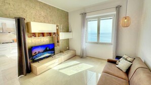 Un salon moderne avec un téléviseur à écran plat, un canapé et une fenêtre avec des rideaux.