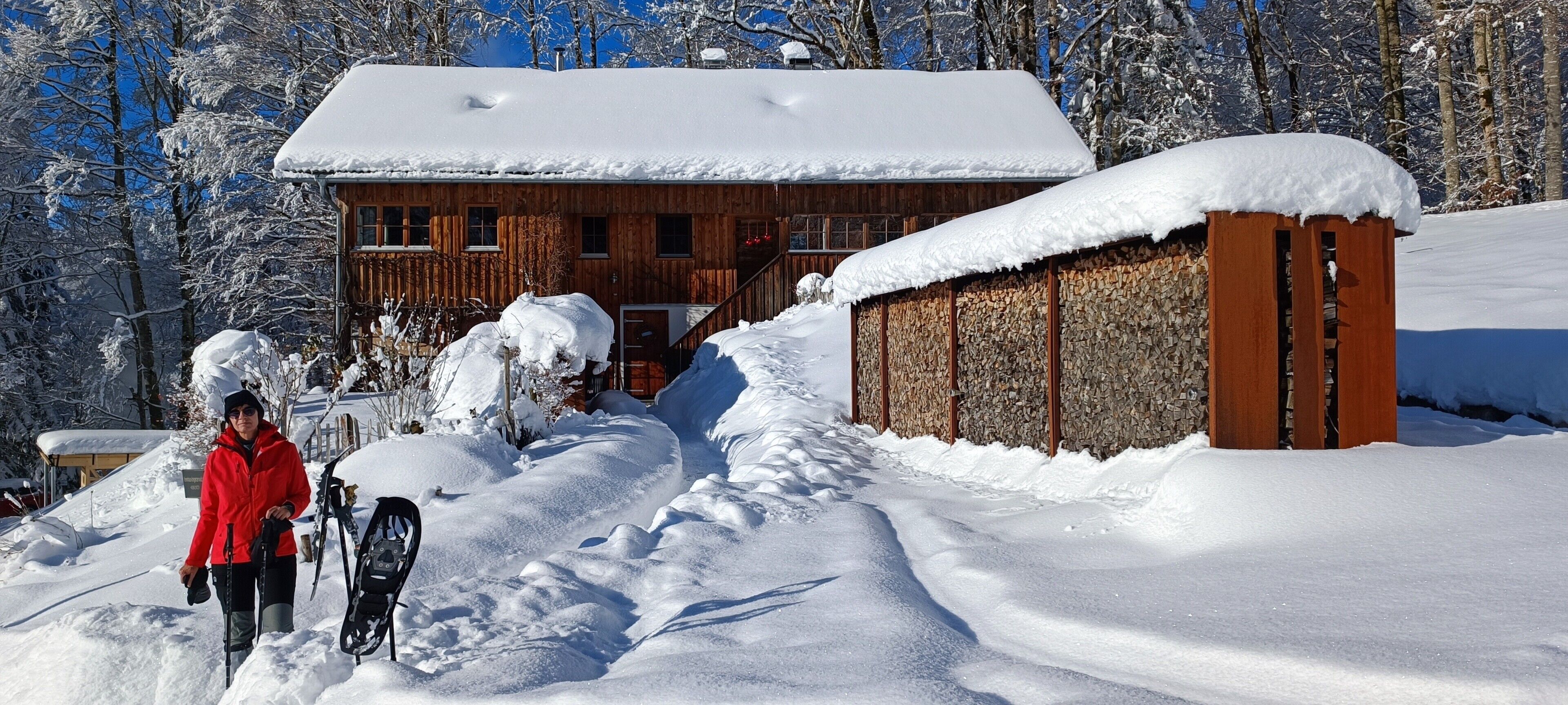 Een houten chalet met een sneeuwbedekte dak, omringd door besneeuwde bomen.