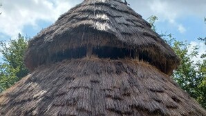 A thatched-roof structure with a simple, elevated wooden platform. - Apartment 'Mina' with Shared Terrace, Shared Garden and Wi-Fi (Leibertingen)
