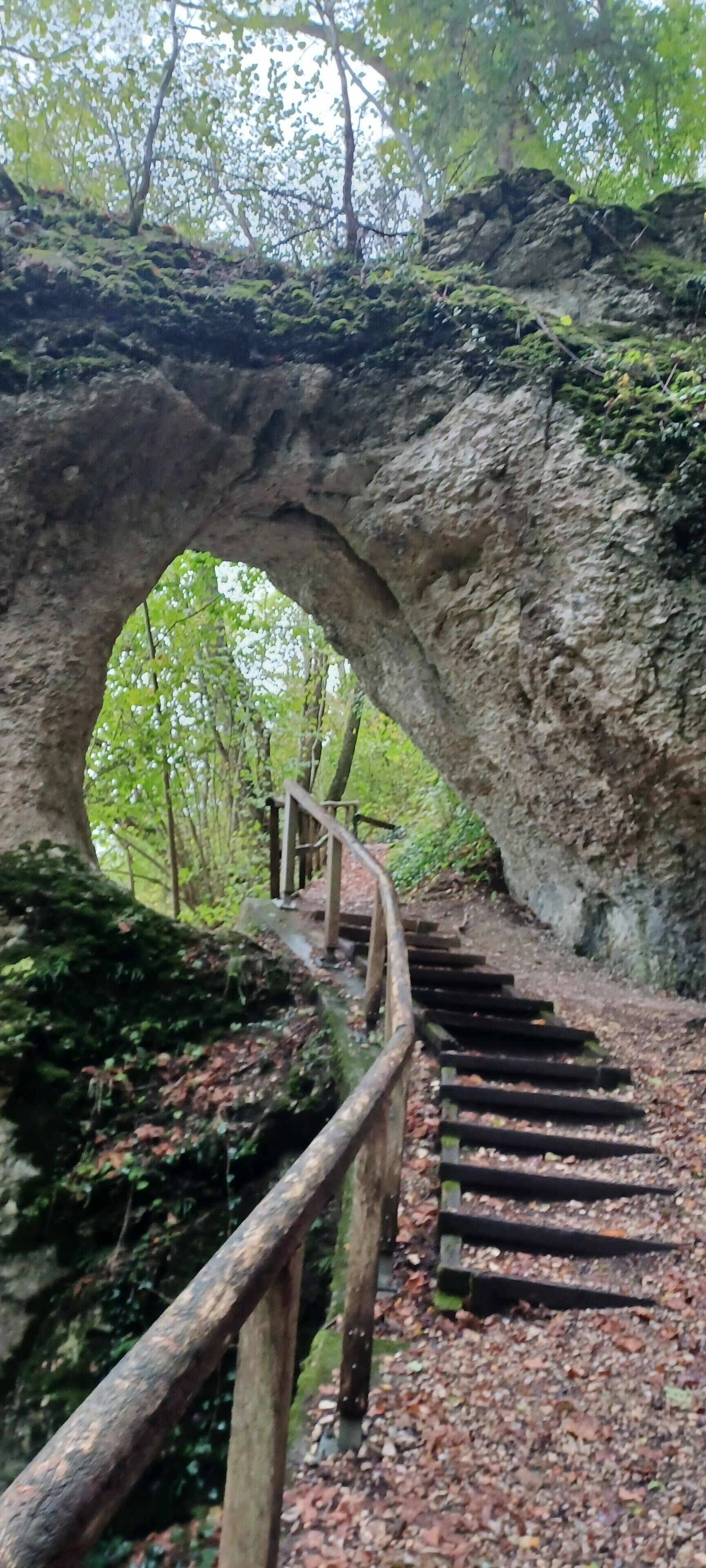 Eine Holztreppe führt zu einem natürlichen Felsbogen, der von Grün umgeben ist.