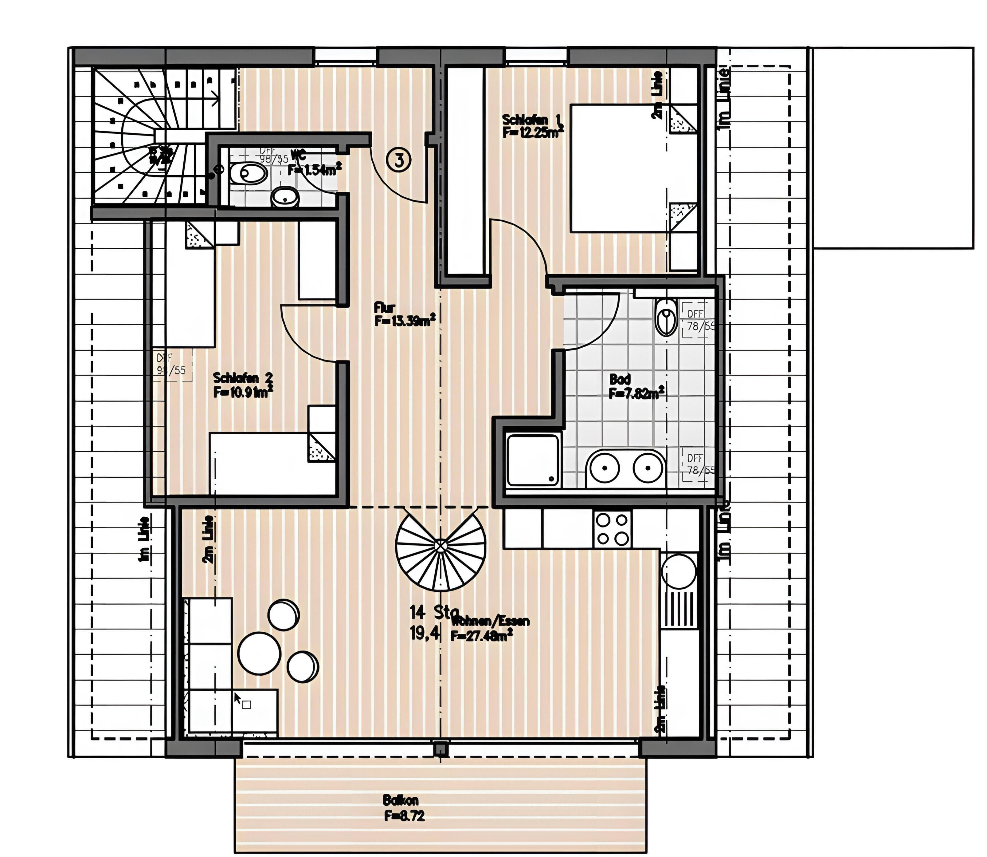 A hotel floor plan with 3 bedrooms, 2 bathrooms, a dining area, a kitchen, and a balcony.