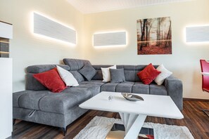 TV, fireplace, stereo - Apartment 'Appartementwohnung Central Bad' with Mountain View, Private Terrace and Wi-Fi (Bad Sachsa)