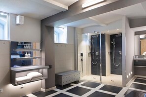 Shower, hair dryer, towels