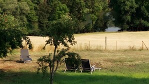 A grassy field with two chairs and a tree. - Apartment 'Haus Am See - Zur Roten Tür' with Lake View, Private Terrace and Wi-Fi (Templin)