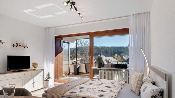 Une chambre moderne équipée d’un lit, d’une télévision, d’un coin repas et d’un balcon avec vue.