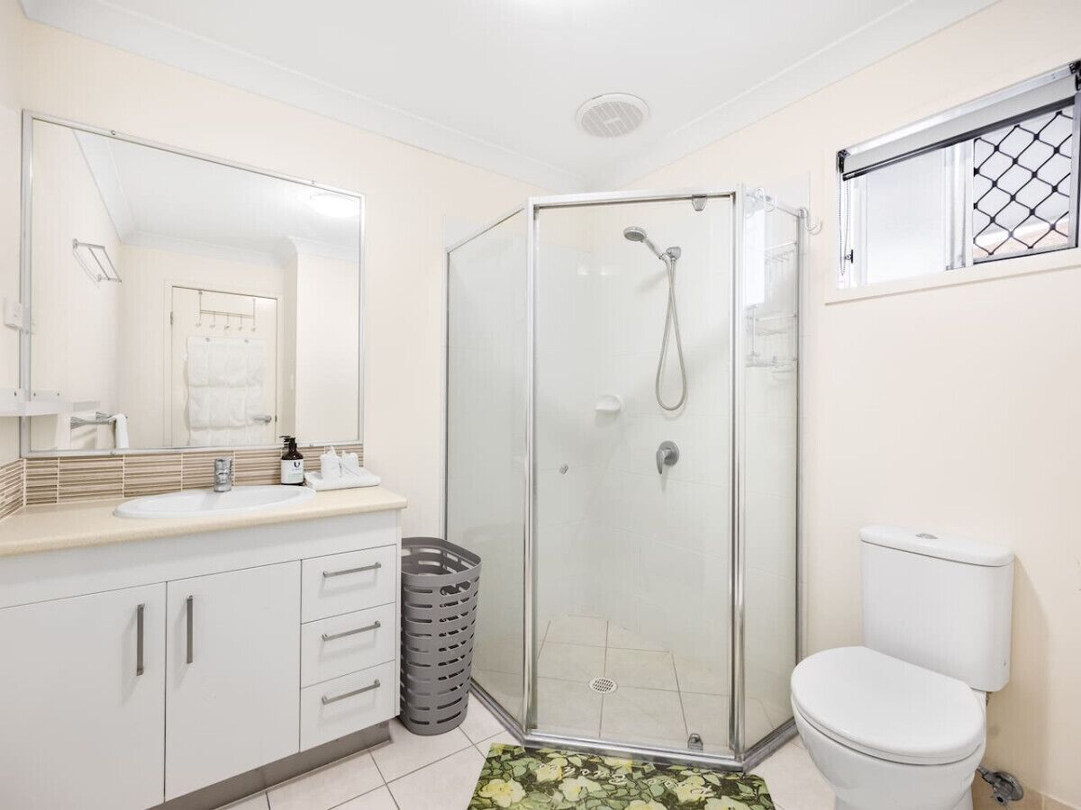 Hair dryer, towels, soap, shampoo