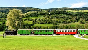 A green and red train with "STEIERL" and "MURTALBAHN" on the side, traveling through a lush green landscape with hills in the background.