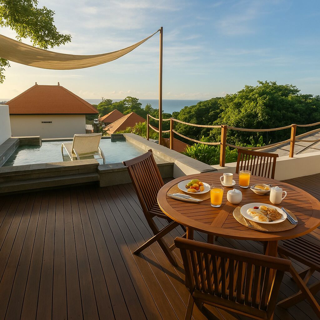 A wooden deck with a hot tub, a table with breakfast, and a view of the sea.