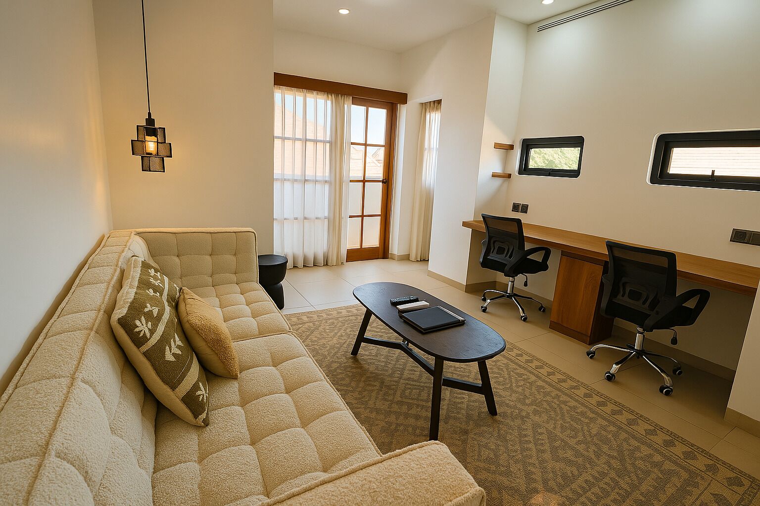 A modern living room with a sofa, a coffee table, and a desk with two chairs.