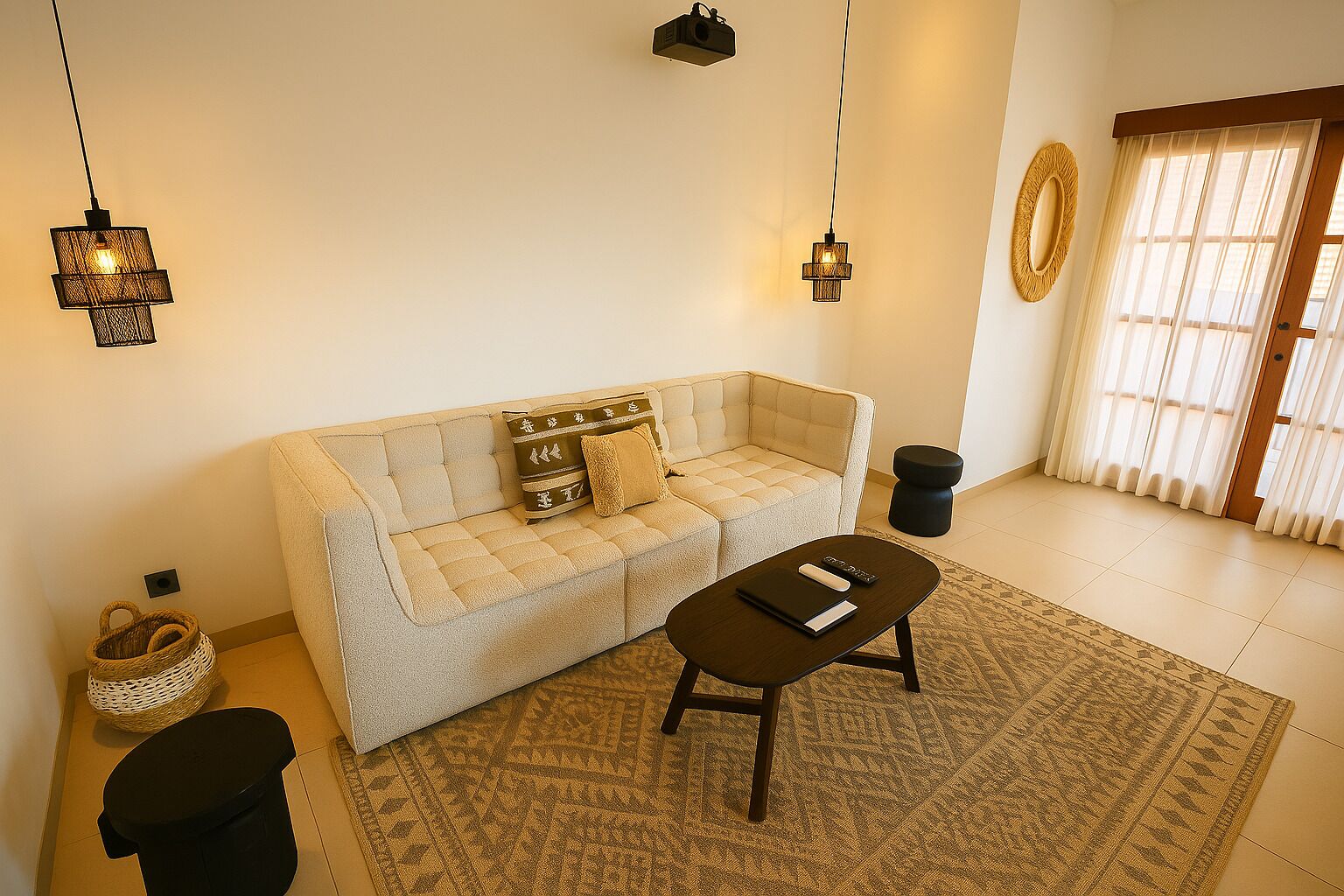 A living room with a sofa, a coffee table, a rug, and two hanging lights.