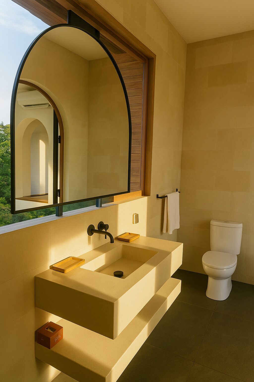 A modern bathroom with a large sink, a toilet, and a mirror.