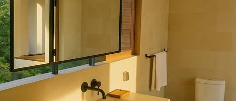 A modern bathroom with a large sink, a toilet, and a mirror.
