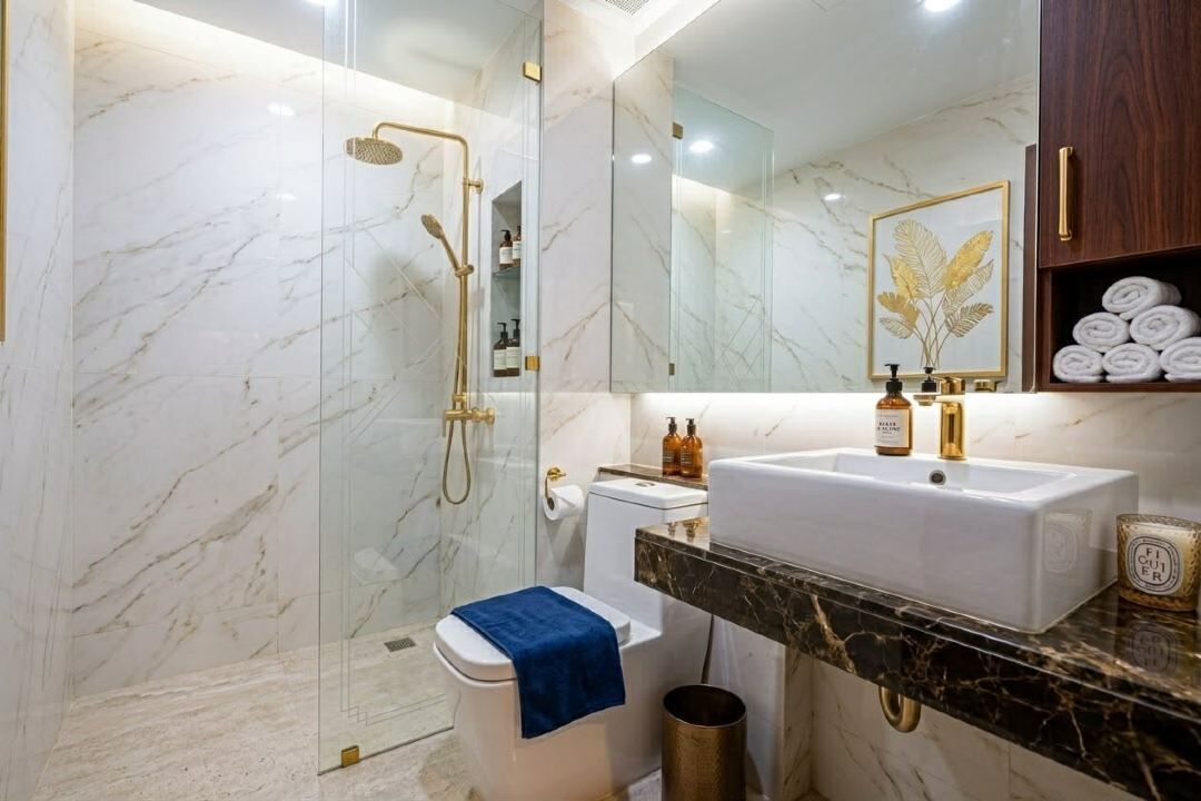 A modern bathroom with a glass-enclosed shower, a white sink, and marble walls.