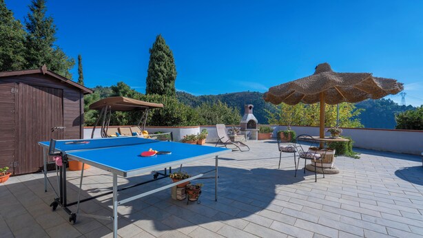 Un tavolo da ping pong blu su un patio con vista sulle montagne, una rimessa in legno e un ombrellone di paglia.