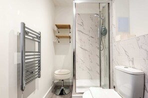 Shower, hair dryer, towels