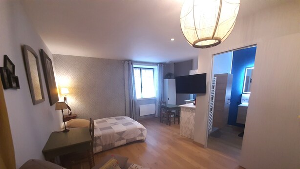 Une chambre d’hôtel équipée d’un canapé, d’un lit, d’un bureau et d’une télévision.