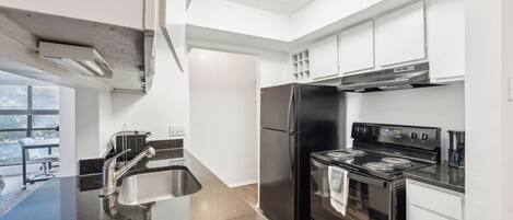 Fridge, microwave, oven, stovetop