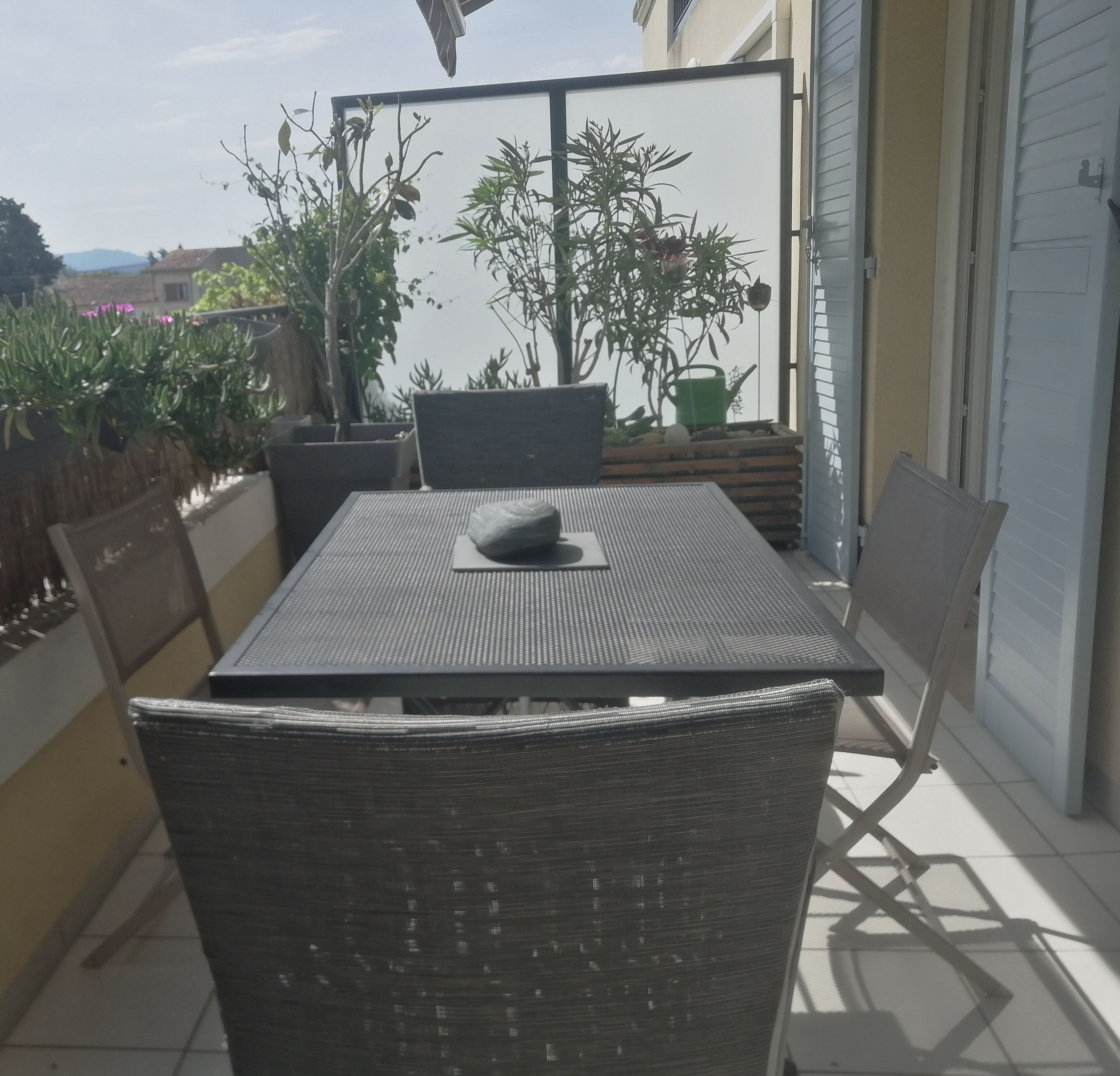 A patio with a table and chairs, surrounded by potted plants and a view of the sea.